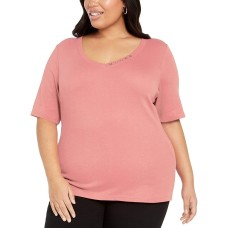 Karen Scott Womens Plus Elbow Sleeve V Neck T-Shirt
