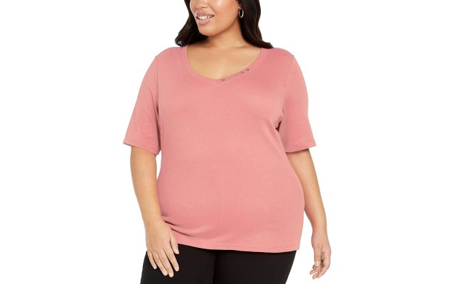  Womens Plus Elbow Sleeve V Neck T-Shirt, Orange, 2X
