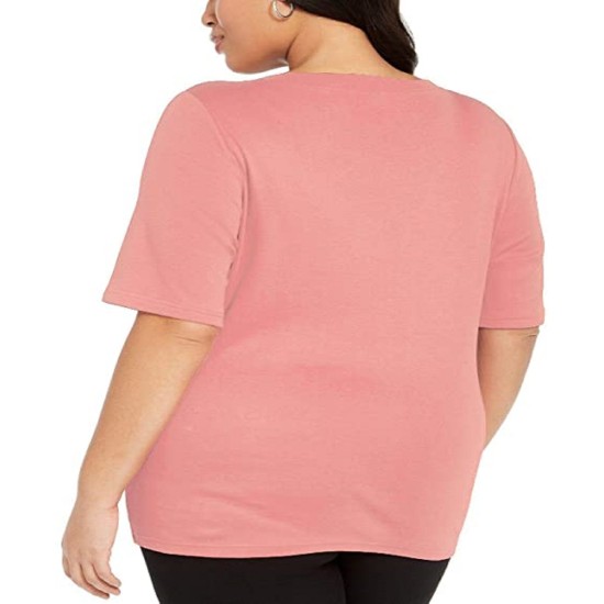  Womens Plus Elbow Sleeve V Neck T-Shirt, Orange, 2X