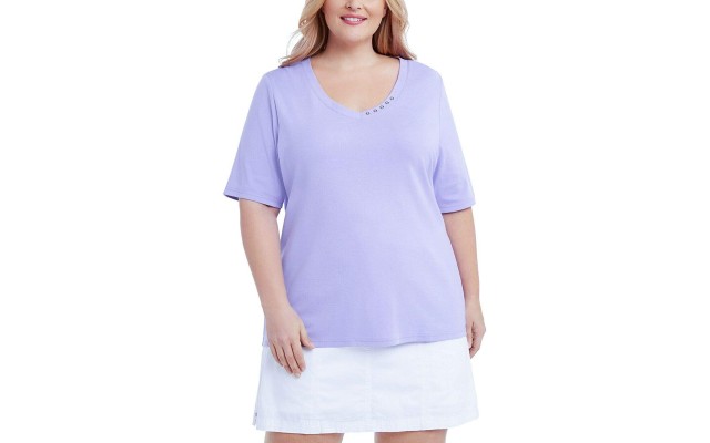  Womens Plus Elbow Sleeve V Neck T-Shirt, Purple, 0X