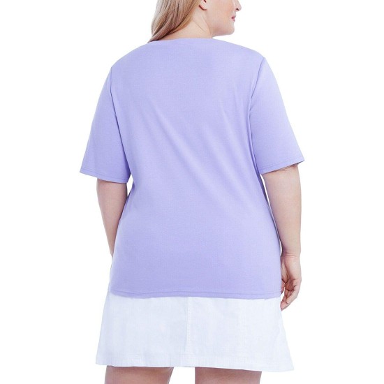  Womens Plus Elbow Sleeve V Neck T-Shirt, Purple, 1X