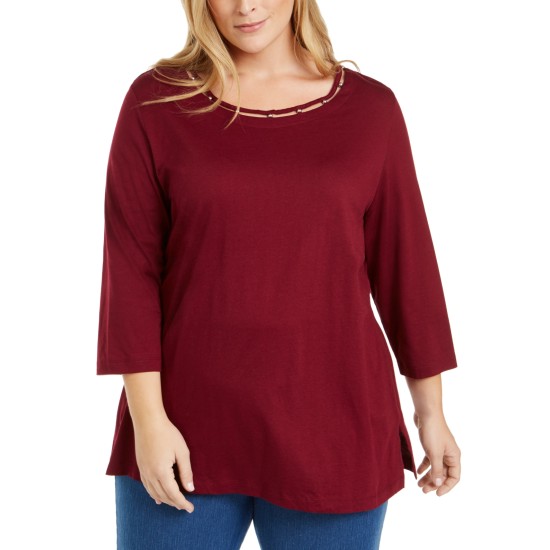 Womens Plus Embellished Cut-Out Pullover Top