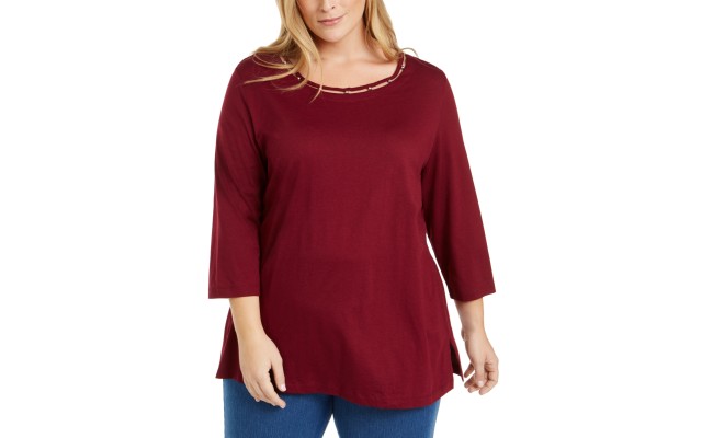  Womens Plus Embellished Cut-Out Pullover Top