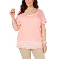 Karen Scott Womens Plus Embroidered Striped Blouse (1X – Coral Lining)