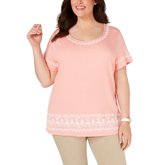  Womens Plus Embroidered Striped Blouse (1X – Coral Lining)