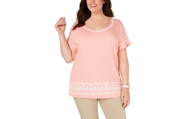  Womens Plus Embroidered Striped Blouse (1X – Coral Lining)