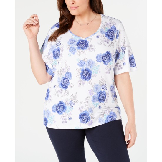  Womens Plus Floral V-Neck Graphic T-Shirt, Dark Blue, 1X