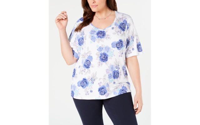  Womens Plus Floral V-Neck Graphic T-Shirt, Dark Blue, 1X