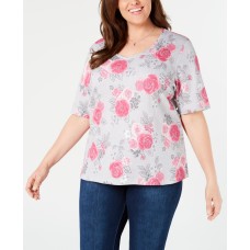Karen Scott Womens Plus Floral V-Neck Graphic T-Shirt