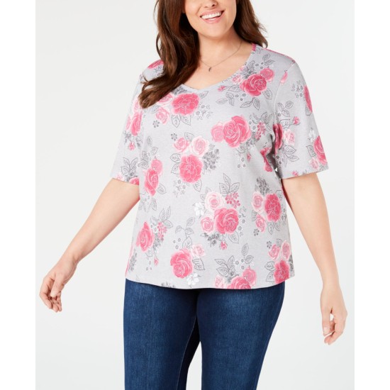  Womens Plus Floral V-Neck Graphic T-Shirt, Medium Pink, 0X