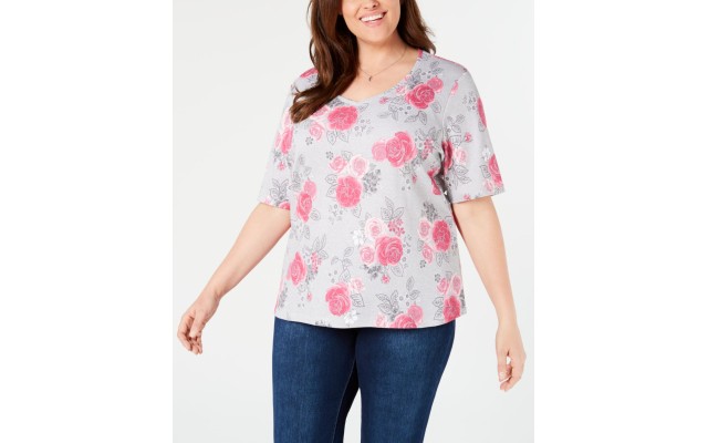  Womens Plus Floral V-Neck Graphic T-Shirt, Medium Pink, 3X