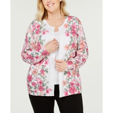 Karen Scott Womens Plus Knit Floral Cardigan Sweater Natural White