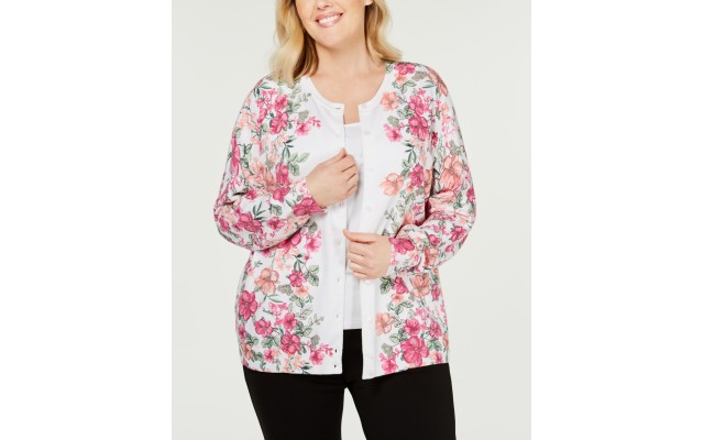  Womens Plus Knit Floral Cardigan Sweater Natural White, Natural, 0X