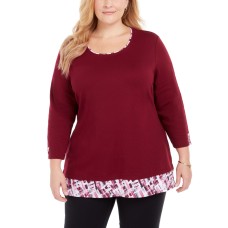 Karen Scott Womens Plus Layered Plaid Trim Top