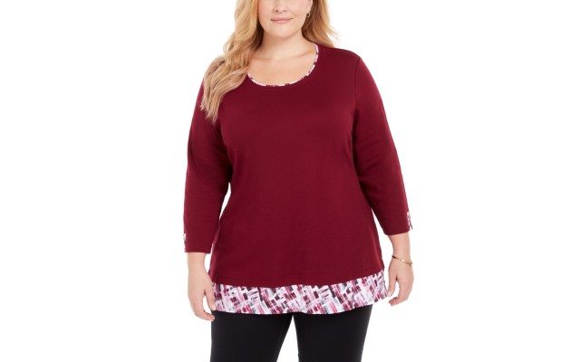 Womens Plus Layered Plaid Trim Top, Medium Red, 0X