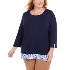 Karen Scott Womens Plus Layered Plaid Trim Top