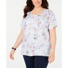 Karen Scott Womens Plus Lisbon Striped Floral-Print T-Shirt (Blue, 2X)