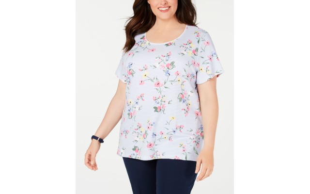  Womens Plus Lisbon Striped Floral-Print T-Shirt (Blue, 2X)