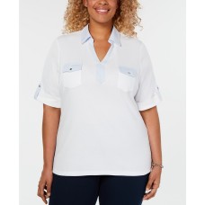Karen Scott Womens Plus Pinstripe Collar Elbow Sleeves Top – White
