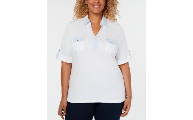  Womens Plus Pinstripe Collar Elbow Sleeves Top – White