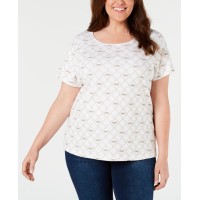 Karen Scott Womens Plus Printed Crewneck T-Shirt (White , Size:1X)