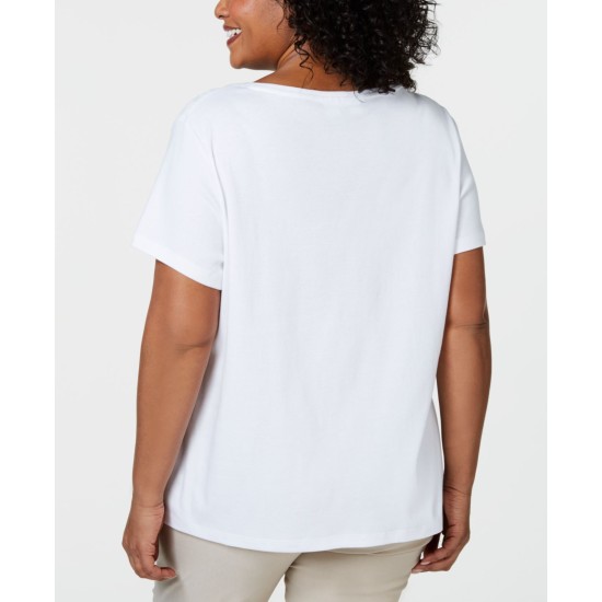  Women’s Plus Size Eyelet-Trim T-Shirt, White, 1X