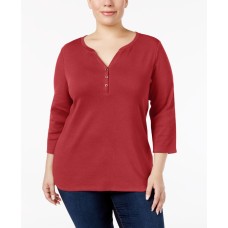 Karen Scott Womens Plus Split Neck Three-Quarter Sleeves Pullover Blouse (Red , Size :0X)