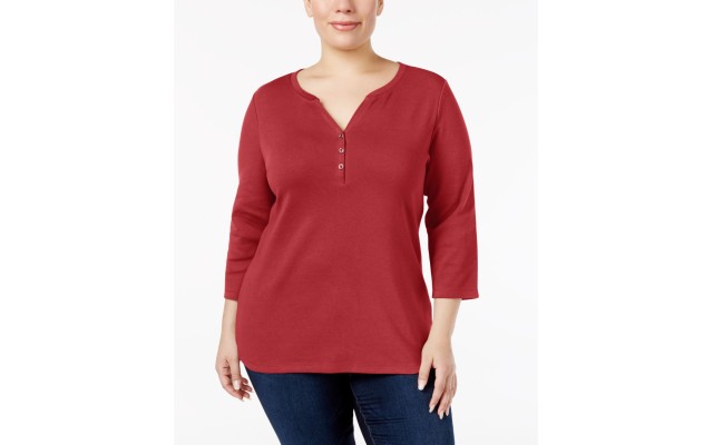  Womens Plus Split Neck Three-Quarter Sleeves Pullover Blouse (Red , Size :0X)