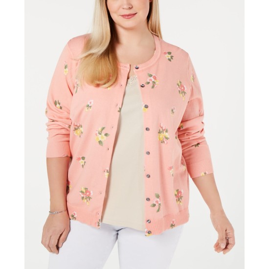 Womens Plus Springtime Posy Knit Floral Cardigan Sweater Pink, Orange, 1X