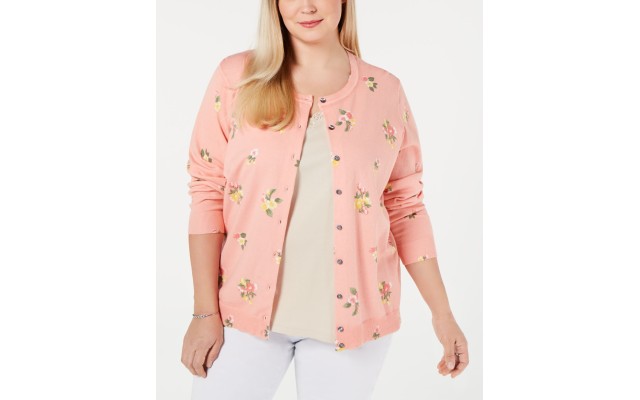  Womens Plus Springtime Posy Knit Floral Cardigan Sweater Pink, Orange, 1X