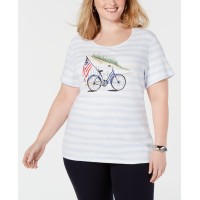 Karen Scott Womens Plus Striped Embellished Graphic T-Shirt (Dark Blue, 0X)