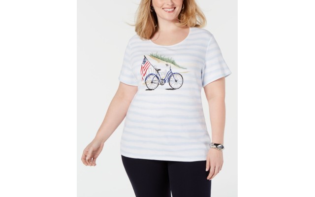  Womens Plus Striped Embellished Graphic T-Shirt (Dark Blue, 0X)
