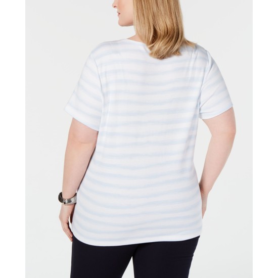  Womens Plus Striped Embellished Graphic T-Shirt (Dark Blue, 0X)