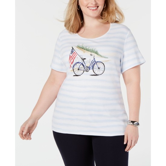  Womens Plus Striped Embellished Graphic T-Shirt, Dark Blue, 1X