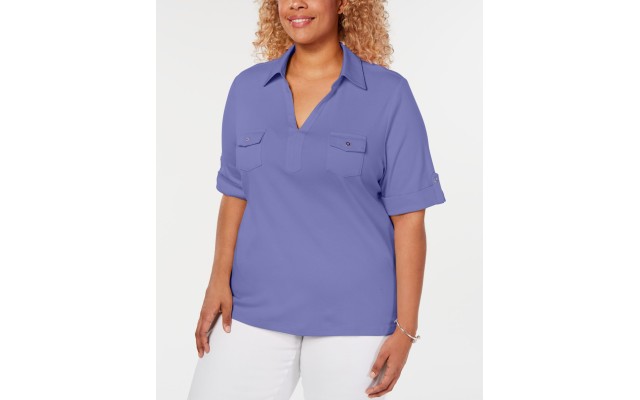  Womens Plus V-Neck Front Pockets Casual Top, Purple, 2X