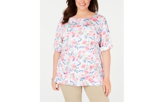  Womens White Floral Short Sleeve Jewel Neck T-Shirt, White, 1X
