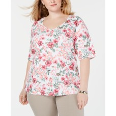 Karen Scott Womens White Floral Short Sleeve V Neck T-Shirt