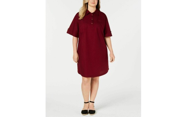 , Women’s Woven Short-Sleeve Shirtdress (Red , 2X)