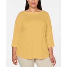 Karen Scott Womens Yellow Lace Trim Long Sleeve Boat Neck Blouse