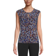 Kasper Women’s Petite Printed Keyhole Top (Dark Blue, Medium)