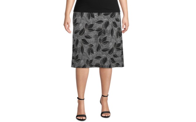  Women’s Plus Size Tropical Geo Puff Printed Knit Midi Flare Skirt (Charcoal, 2X)
