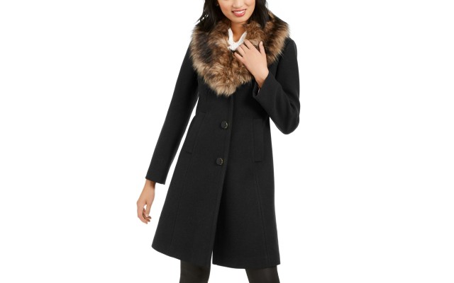  Faux-Fur-Trim Coat (Black, M)