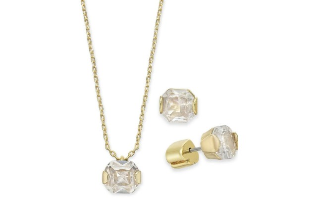  New York Gold-Tone Princess-Cut Cubic Zirconia Clear Pendant Necklace and Stud Earrings Set, 16″ + 3″ Extender