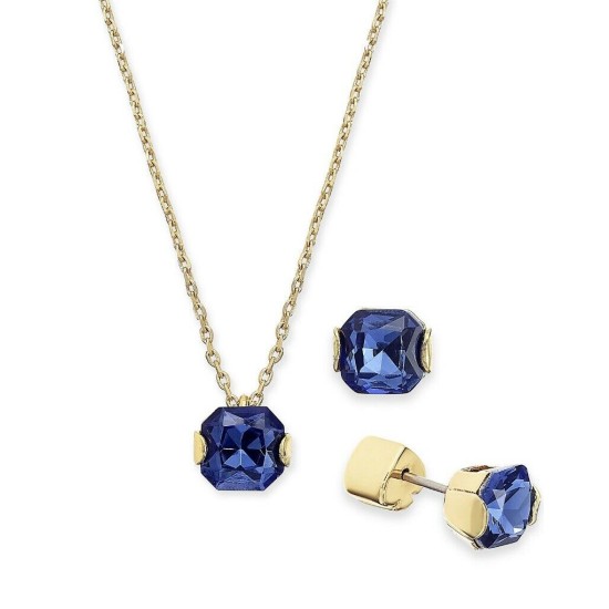  Gold-Tone Princess-Cut Cubic Zirconia Pendant Necklace & Stud Earrings Set, 16″ + 3″ Extender, Blue