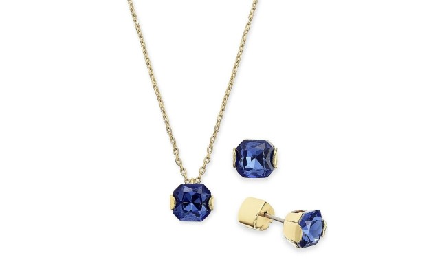  Gold-Tone Princess-Cut Cubic Zirconia Pendant Necklace & Stud Earrings Set, 16″ + 3″ Extender, Blue