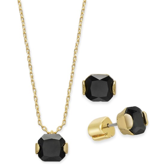  Gold-Tone Princess-Cut Cubic Zirconia Pendant Necklace & Stud Earrings Set, 16″ + 3″ Extender, Black