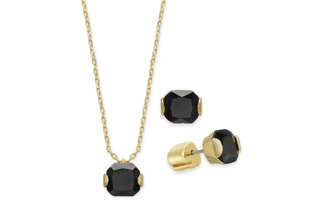  Gold-Tone Princess-Cut Cubic Zirconia Pendant Necklace & Stud Earrings Set, 16″ + 3″ Extender, Black