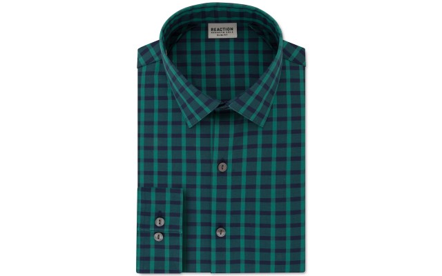  Reaction Men’s All Day Flex Slim-Fit Performance Stretch Check Dress Shirt, Green, 17″X 32″-33″