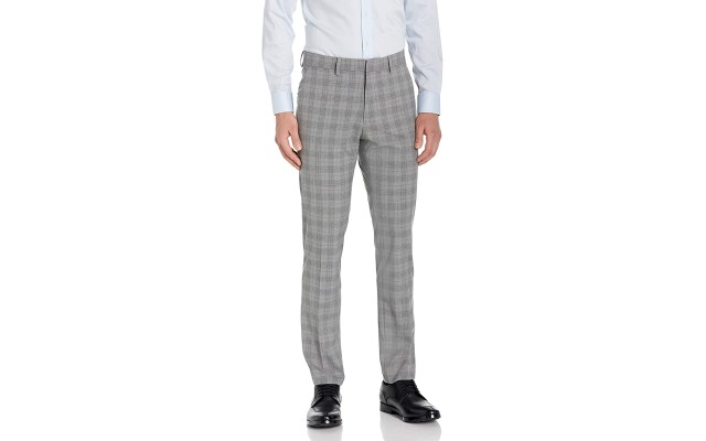  REACTION Men’s Stretch Traditional Plaid Slim Fit Flat Front Flex Waistband Dress Pant (Light Grey, 36 X 30)