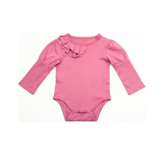  Baby Girls Soft Pima Cotton Romper Bodysuit – Long Sleeve, Crewneck, Solid Colors, Dusty Rose, 3-6 M